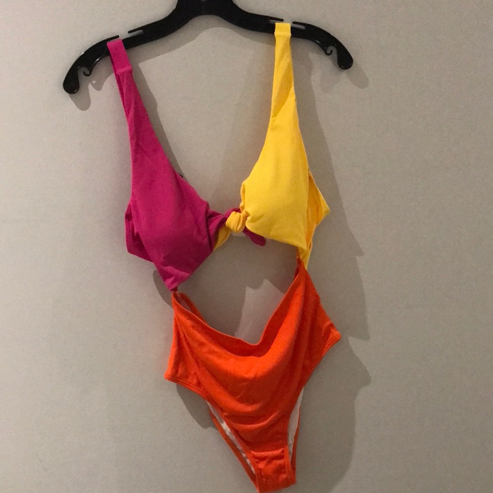 SHEIN Pink and Yellow Asymmetrical One Piece Swimsuit